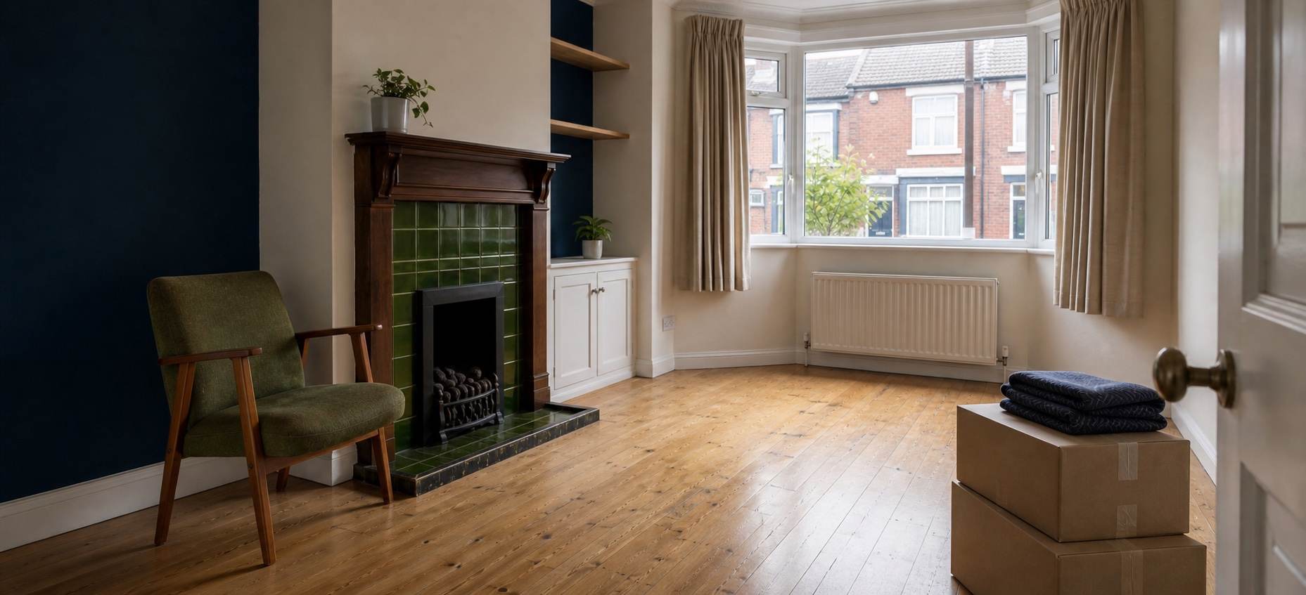 A bright, tidy living room after the main contents have been cleared